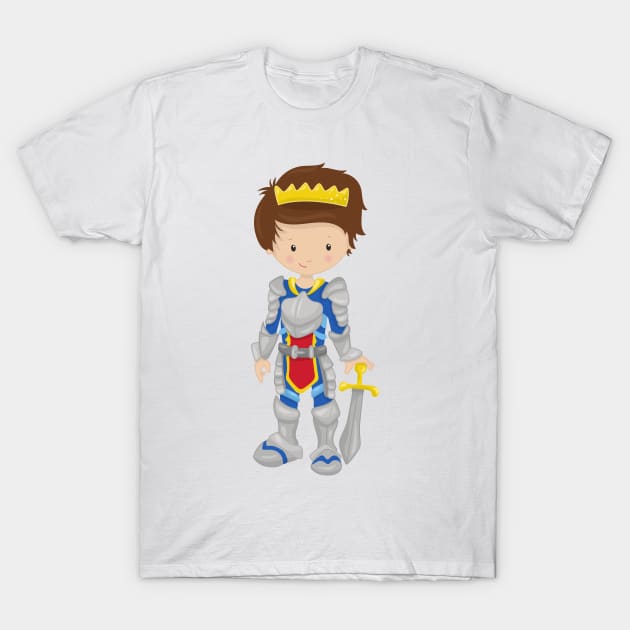 Prince, King, Knight, Crown, Sword, Brown Hair T-Shirt by Jelena Dunčević